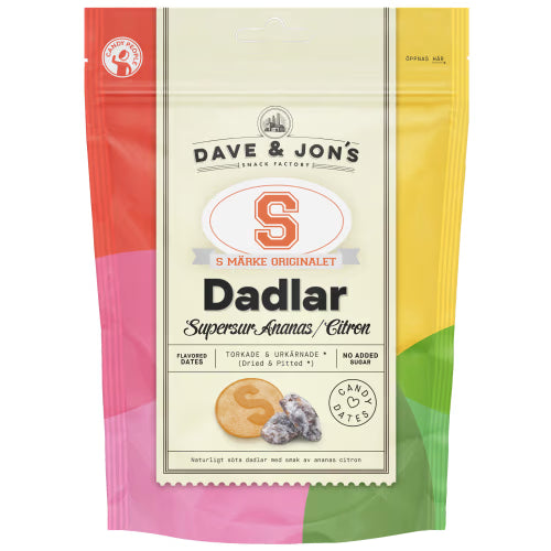 Dave & Jon's Dadlar S-märke Supersur Ananas/Citron 125 g